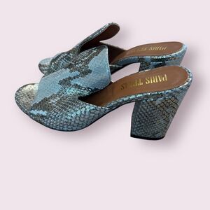 Paris Texas Heels Womens 36 Blue Leather Metallic Snakeskin Open Toe Mule Block